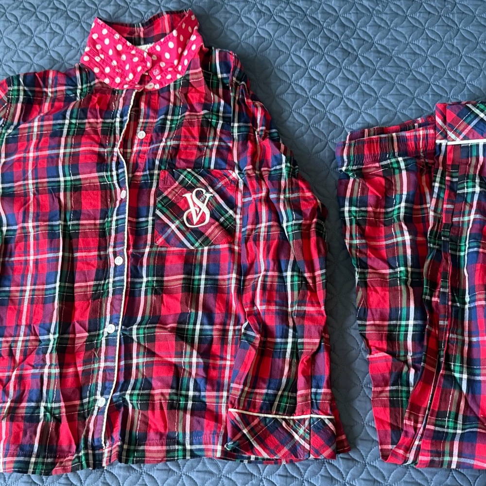Victoria's Secret Red Plaid Kids Pajama Set with Pink Polka Dot Collar
